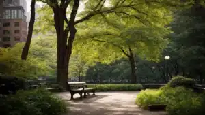 a tranquil urban park setting with vibrant green trees and a peaceful bench, embodying a serene escape within the bustling city of new york.