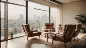 a serene therapy room with comfortable chairs facing each other, soft lighting, and a calming city view through a large window.
