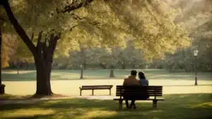 two individuals sitting at opposite ends of a park bench in a peaceful setting, engaged in a calm and thoughtful conversation.