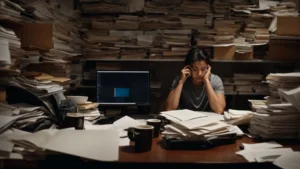 a stressed person sitting at a cluttered desk, surrounded by piles of work papers and an empty coffee cup, staring at a computer screen late at night.
