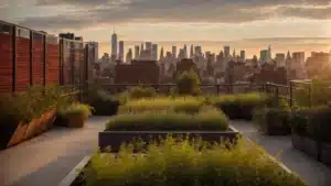 a serene new york city rooftop garden overlooking the skyline at sunset, providing a tranquil space for reflection.